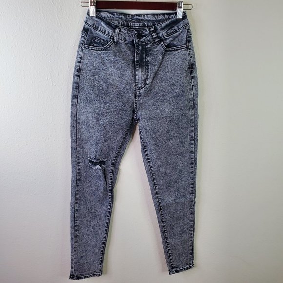 SHEIN Denim - SHEIN Womens Grey Black Acid Wash High-Waisted High Stretch Skinny Jeans